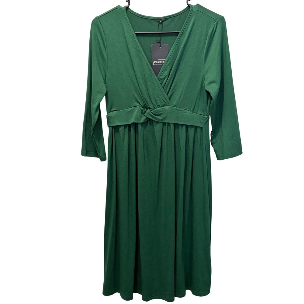 Kohl's Green V-Neck 3/4 Sleeve Stretchy Dress Women's Size Small NWT